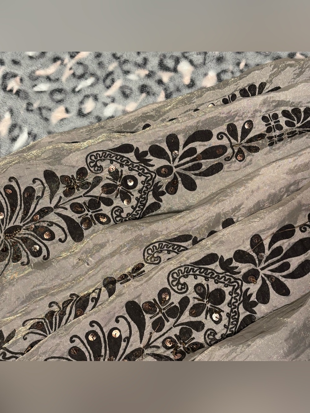 Lapis Brown Tan Maxi Skirt with Black Floral Embroidery